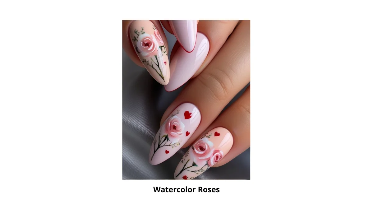 Watercolor Roses Nails Design